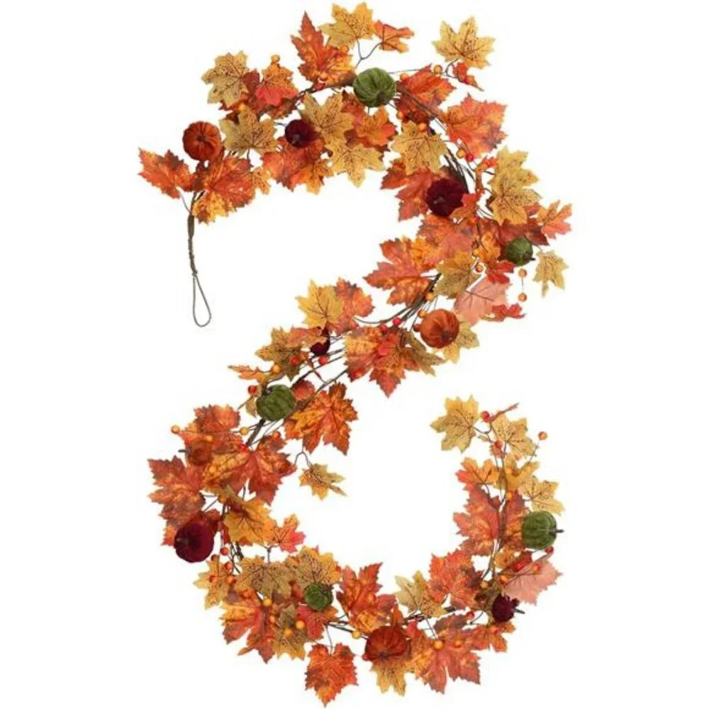 Fall Garland, 6FT Autumn Maple Leaf Velvet Pumpkin/Berry Garland Fall Decor